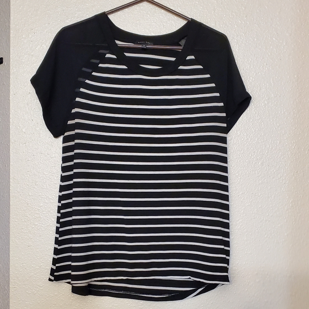 Blue and white striped top with sheer sleeves